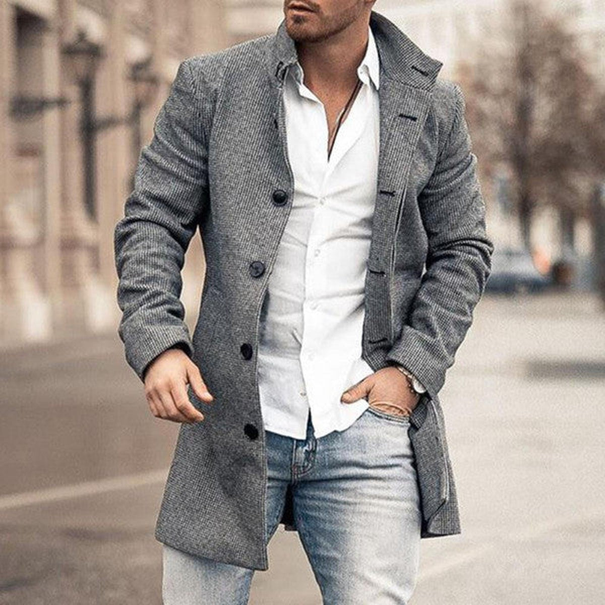 Mens Mid Length Wool Trench Overcoat with Stand Collar and Single Breasted Front