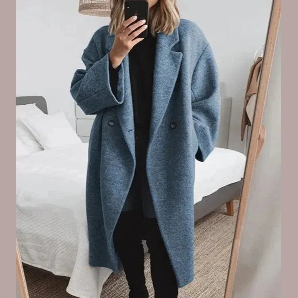 Long Double Breasted Overcoat for Women with Notched Lapel and Pockets
