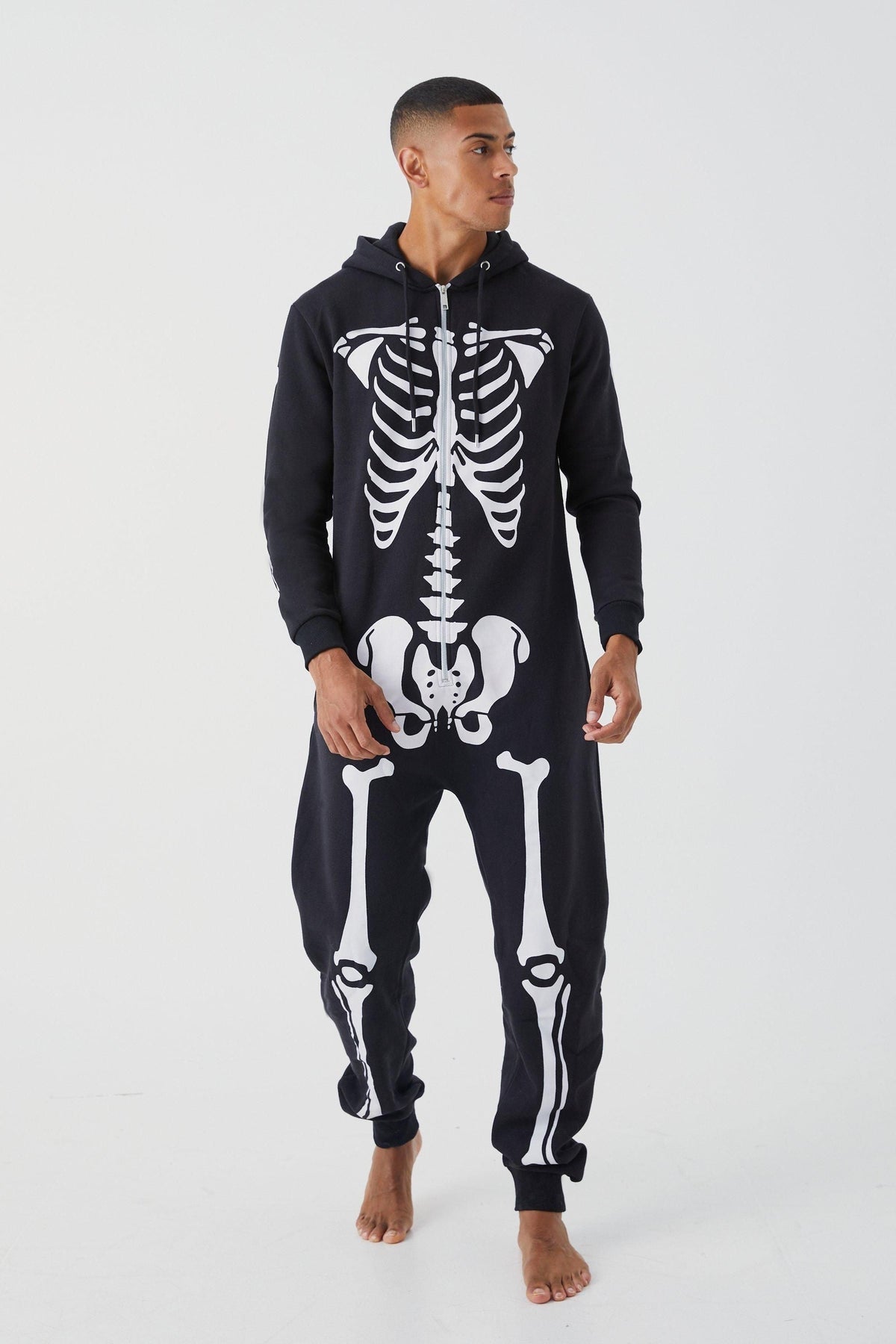 Skeleton Graphic Onesie with Front Zipper and Attached Hood, Long Sleeves