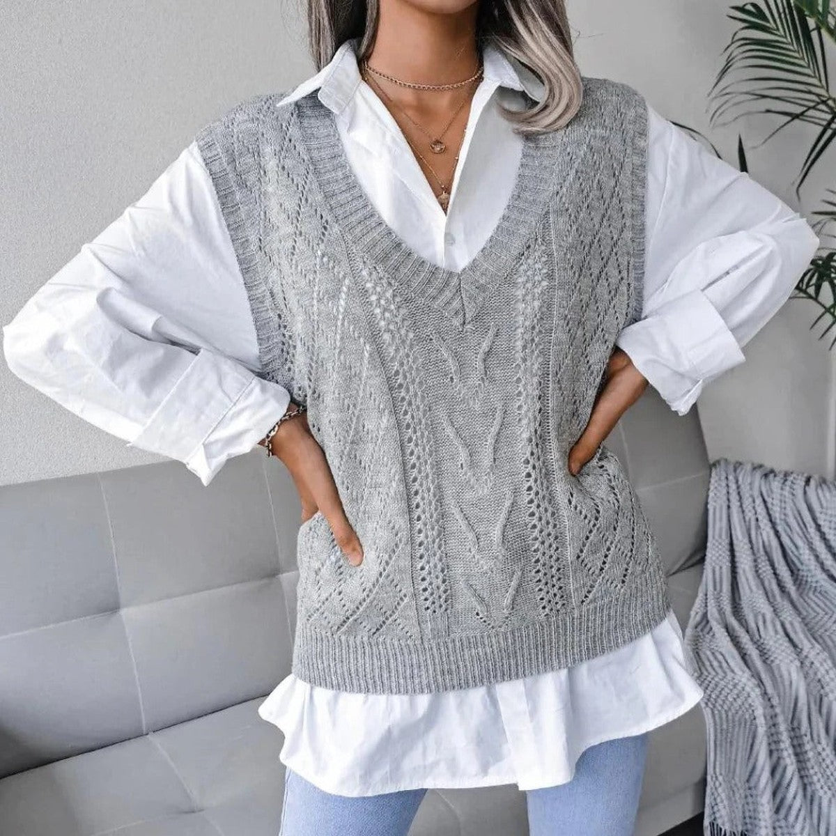 Casual Long Sleeve Knit Cardigan with V Neck and Front Button Closure