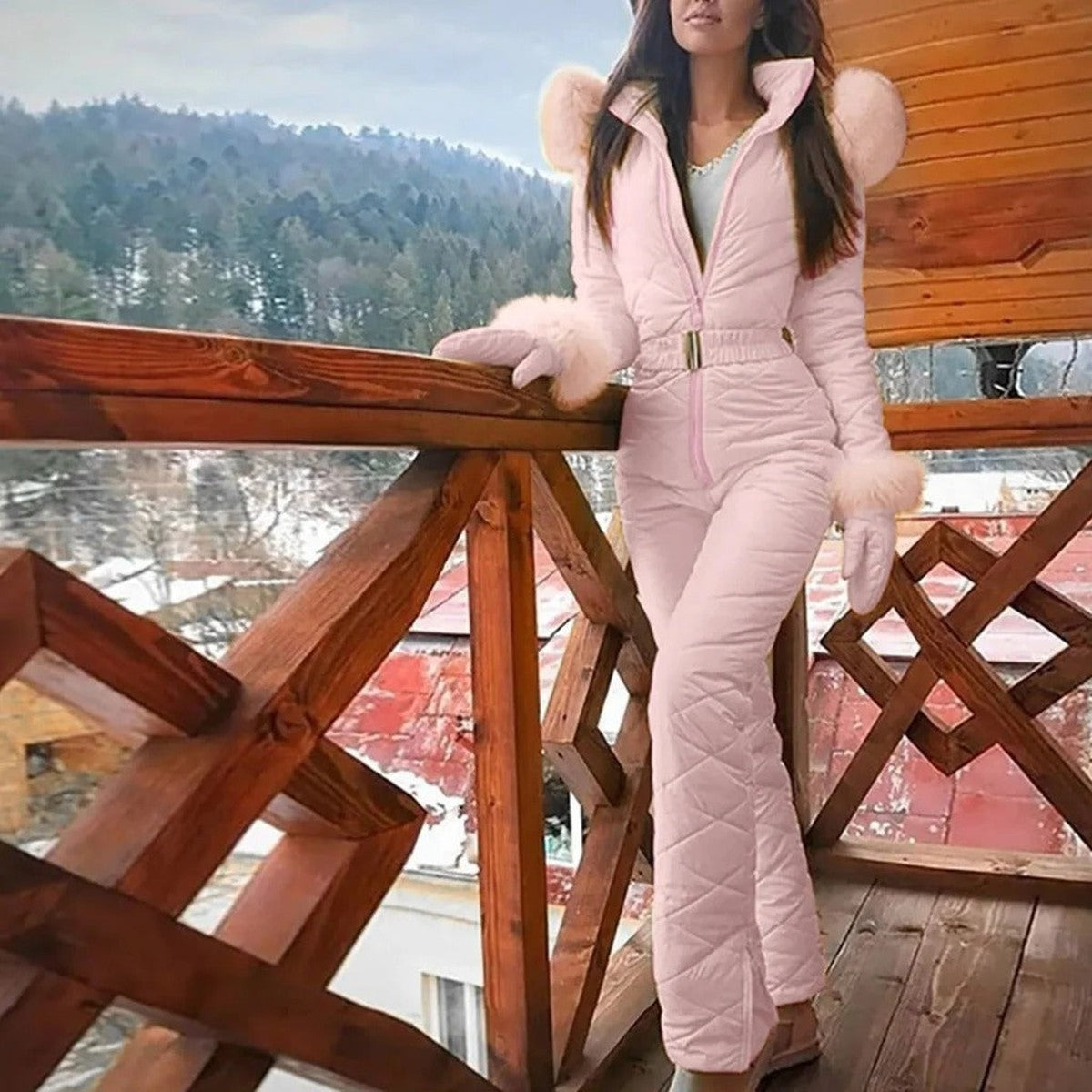 Women One Piece Hooded Ski Suit with Removable Faux Fur Collar and Belt
