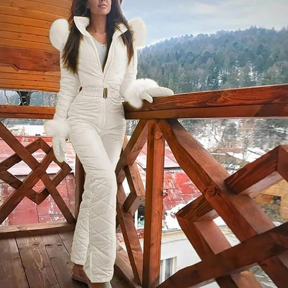 Women One Piece Hooded Ski Suit with Removable Faux Fur Collar and Belt