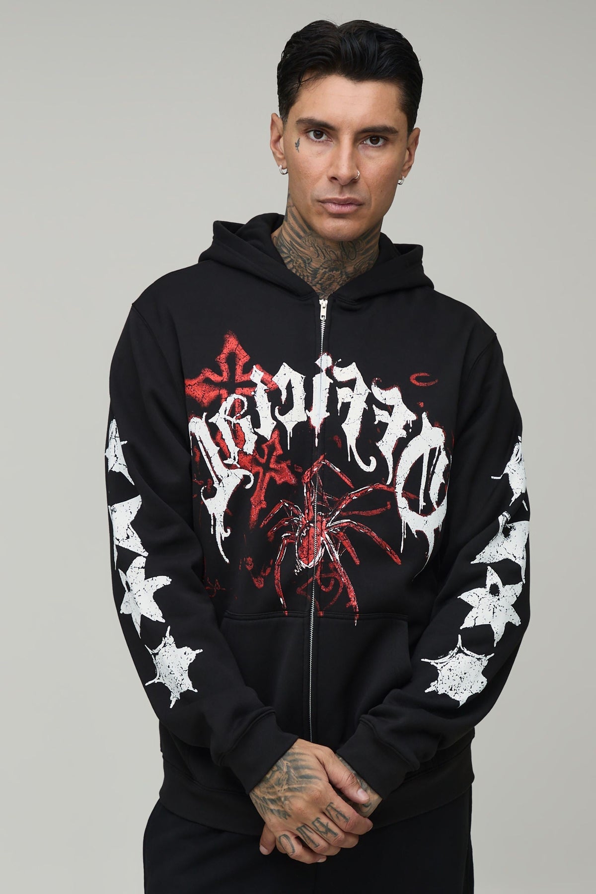 Tall Zip Through Hoodie with Spider and Gothic Sleeve Graphics