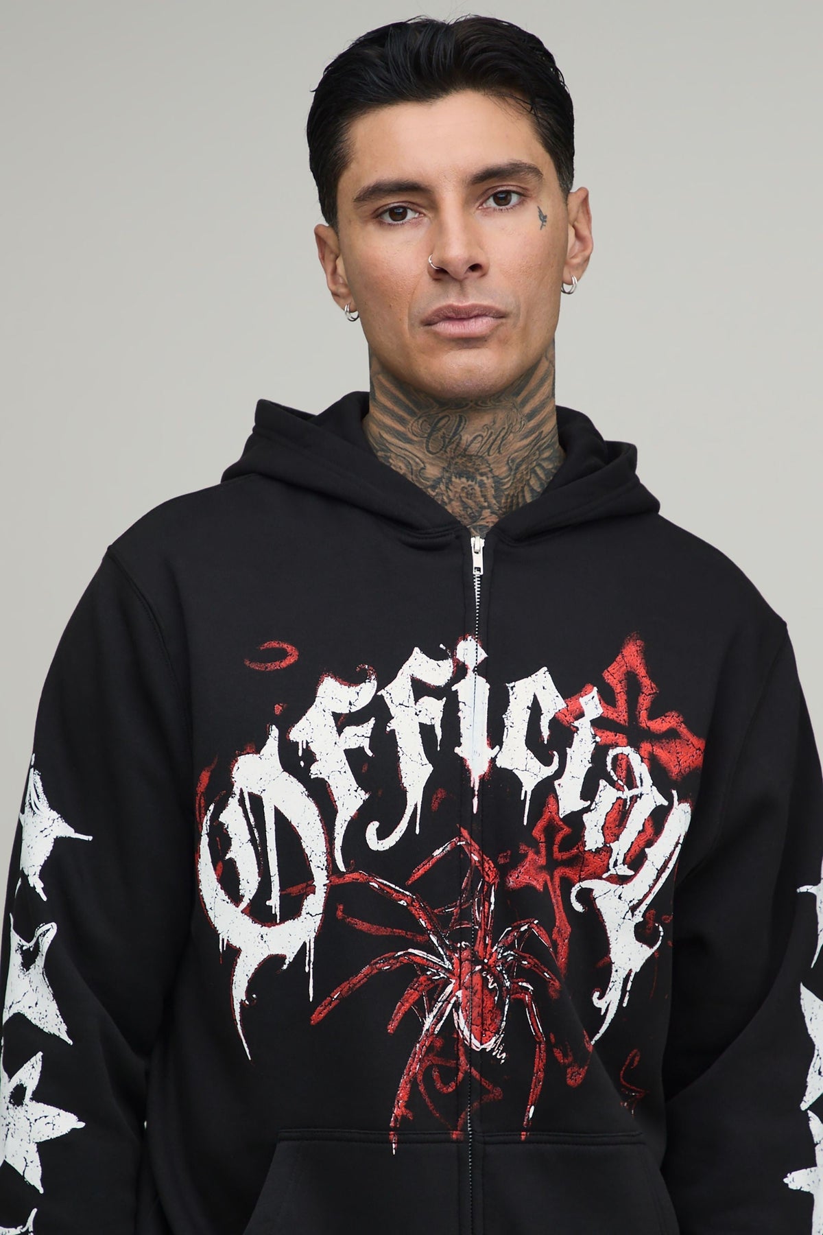 Tall Zip Through Hoodie with Spider and Gothic Sleeve Graphics