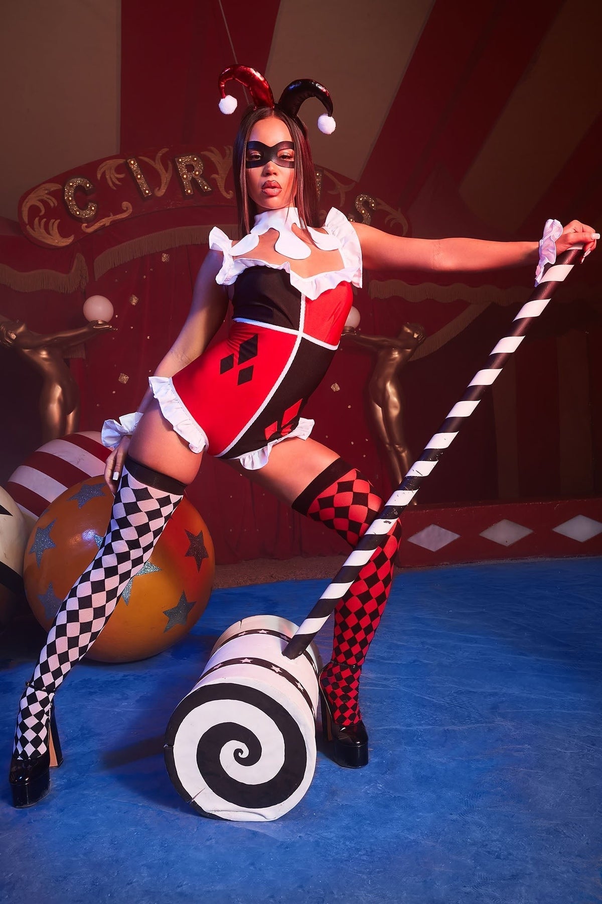 Comic Character Six Piece Costume Set with Bodysuit and Thigh High Stockings