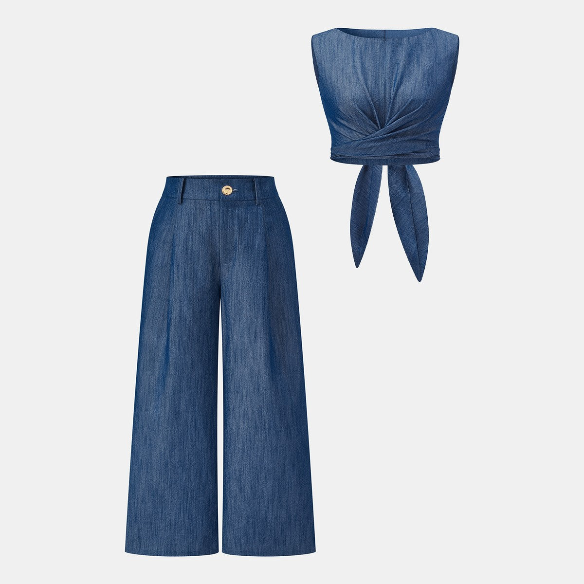 Two Piece Sleeveless Wrap Top and Flowy Wide Leg Trousers Matching Set