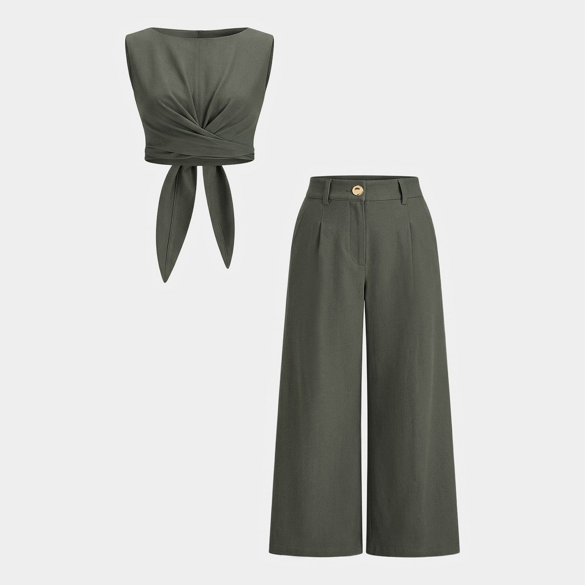 Two Piece Sleeveless Wrap Top and Flowy Wide Leg Trousers Matching Set
