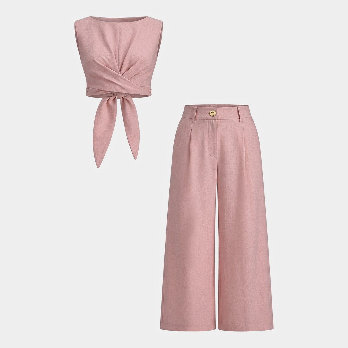 Two Piece Sleeveless Wrap Top and Flowy Wide Leg Trousers Matching Set
