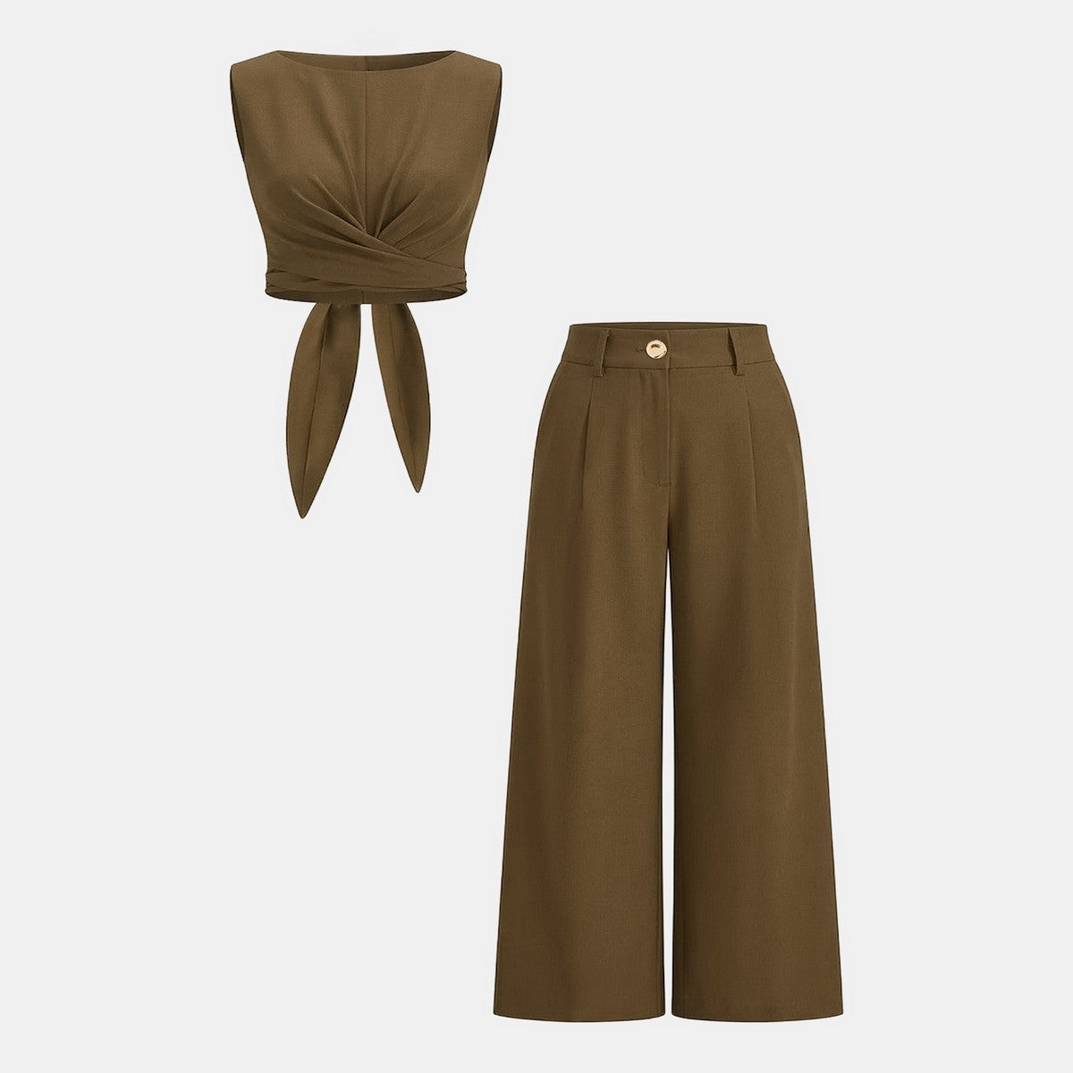 Two Piece Sleeveless Wrap Top and Flowy Wide Leg Trousers Matching Set