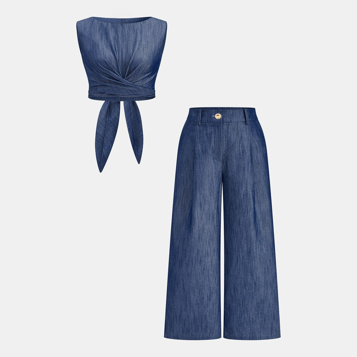 Two Piece Sleeveless Wrap Top and Flowy Wide Leg Trousers Matching Set