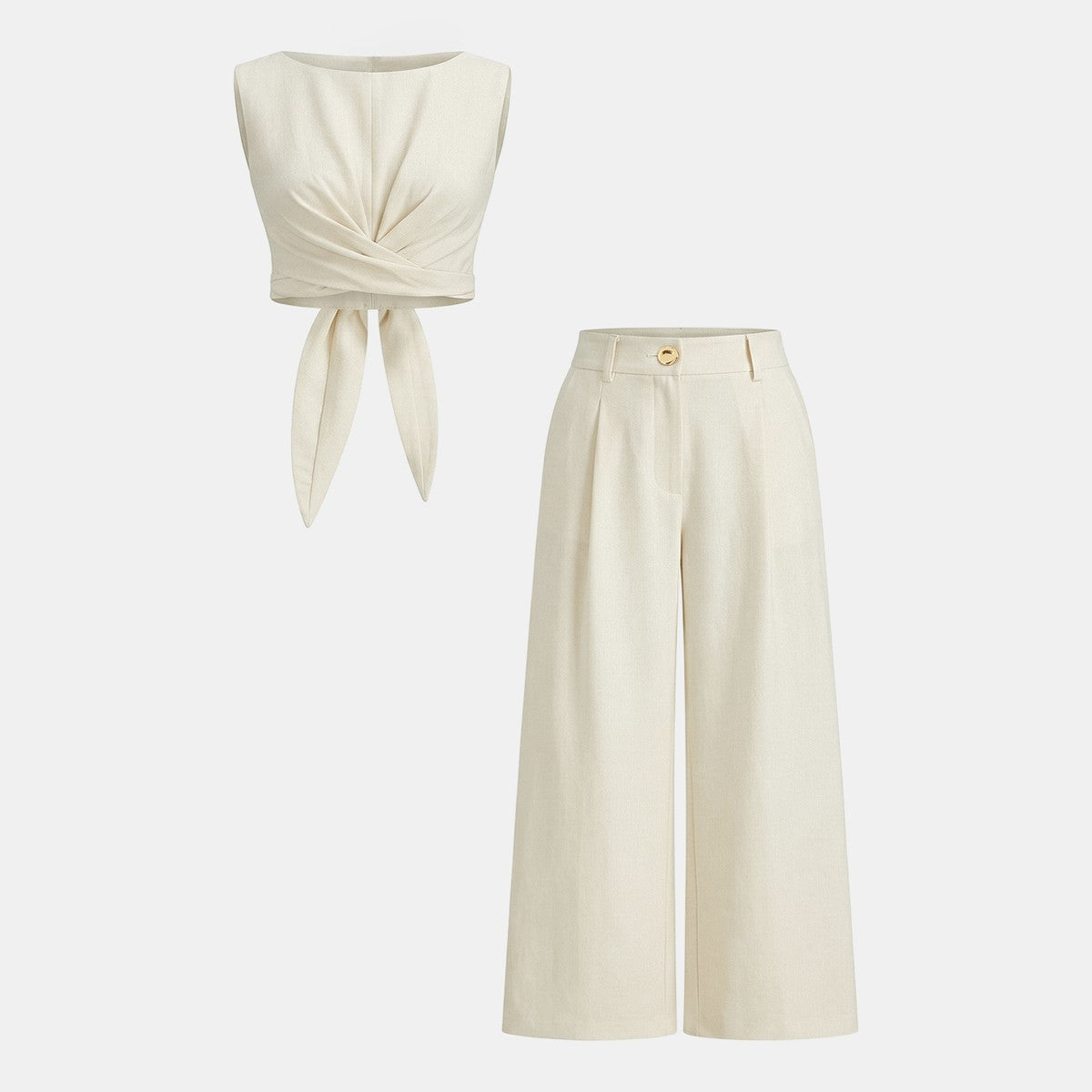 Two Piece Sleeveless Wrap Top and Flowy Wide Leg Trousers Matching Set
