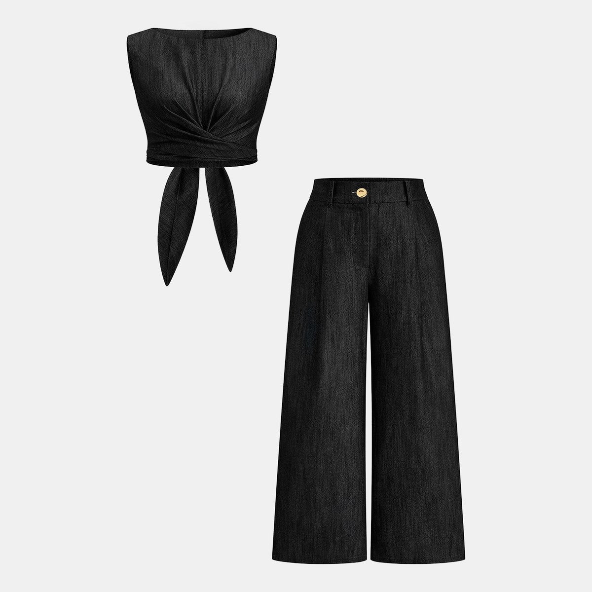 Two Piece Sleeveless Wrap Top and Flowy Wide Leg Trousers Matching Set