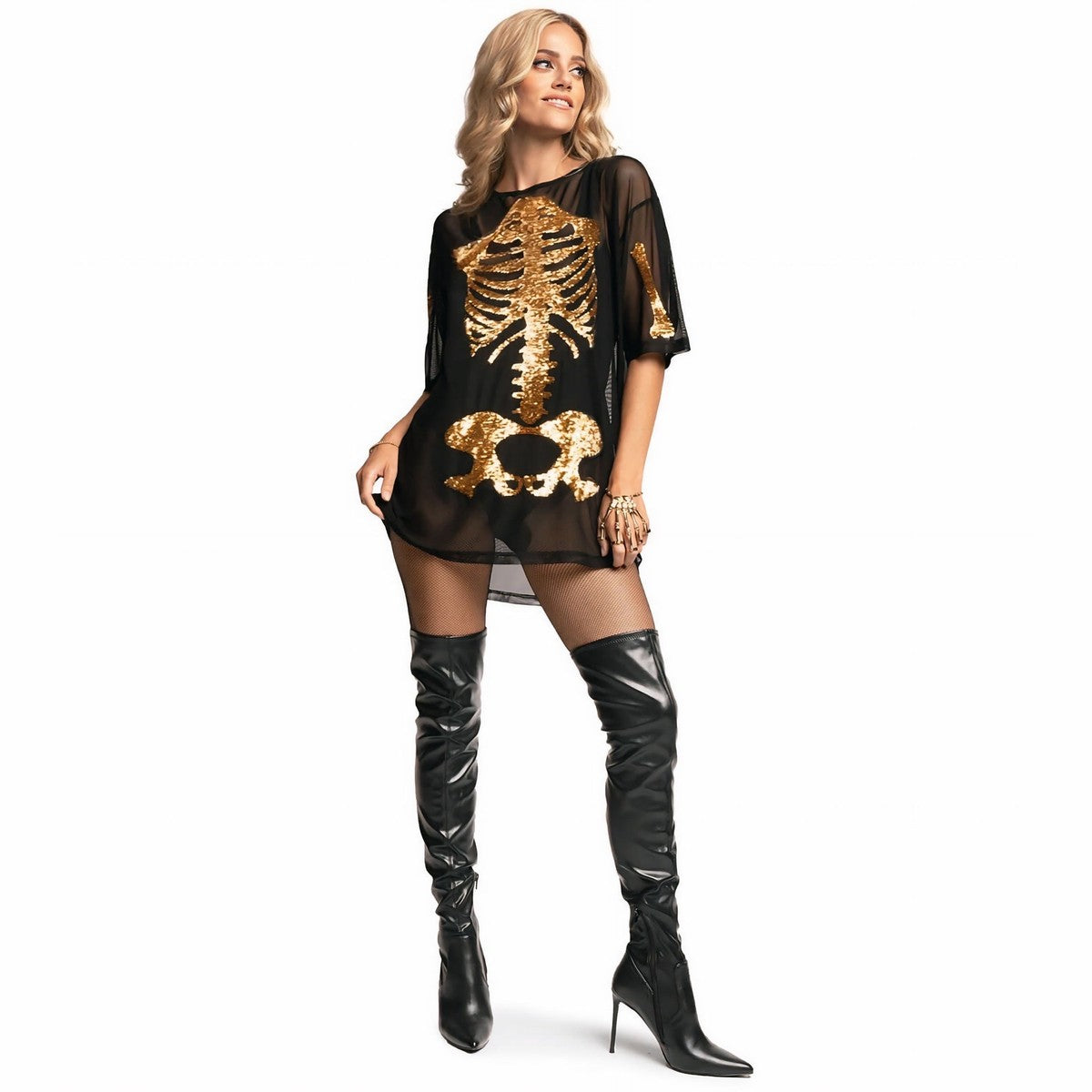 Sheer Long Sleeve Midi Dress with Metallic Gold Skeleton Graphic Print