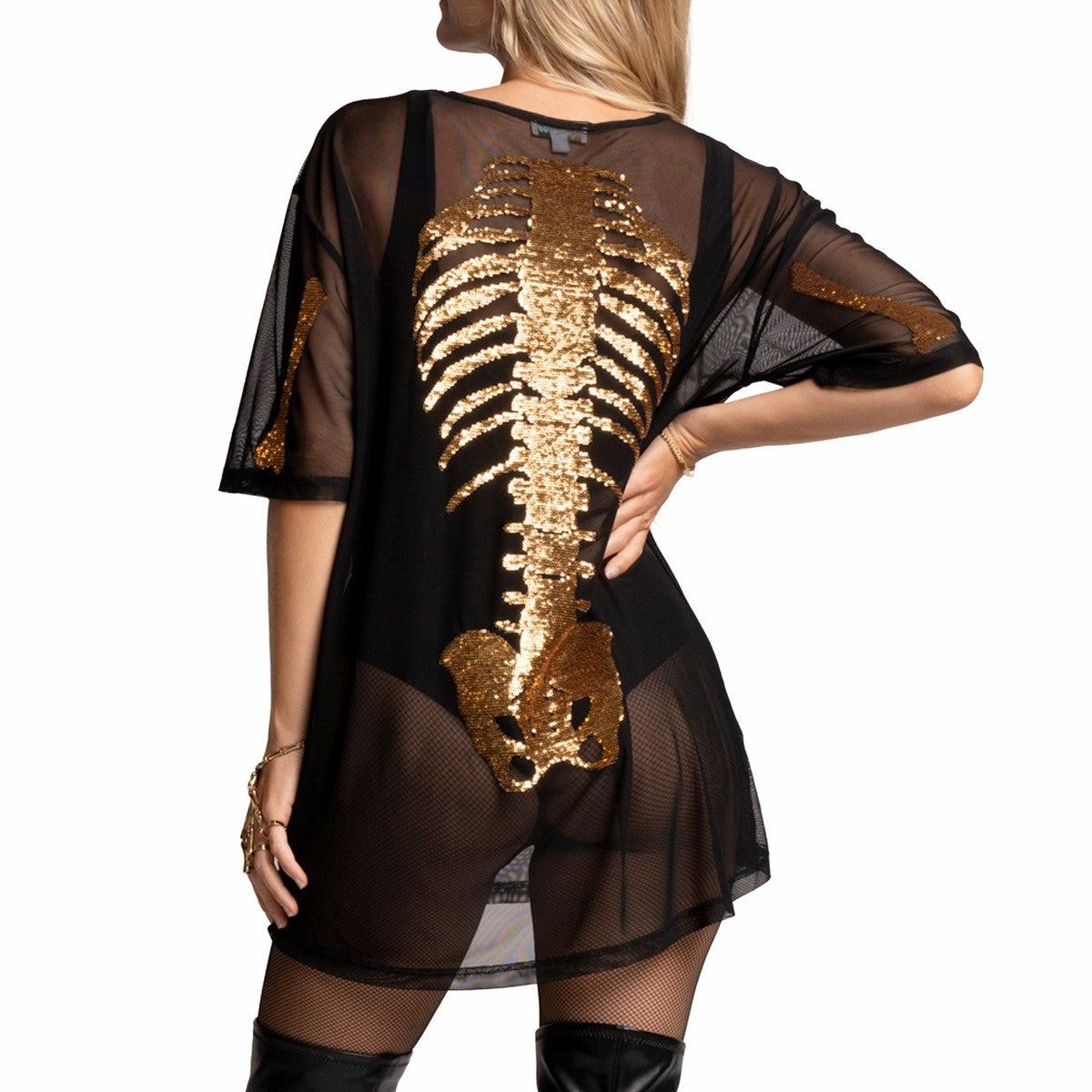 Sheer Long Sleeve Midi Dress with Metallic Gold Skeleton Graphic Print