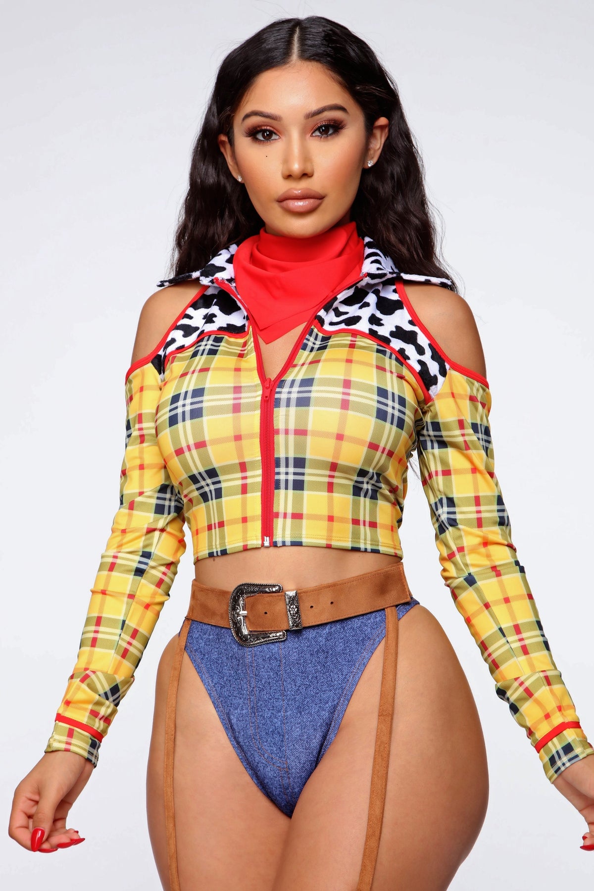 Women's Yellow Plaid Sheriff Costume Set with Garter Belt and Bandana, Four Pieces