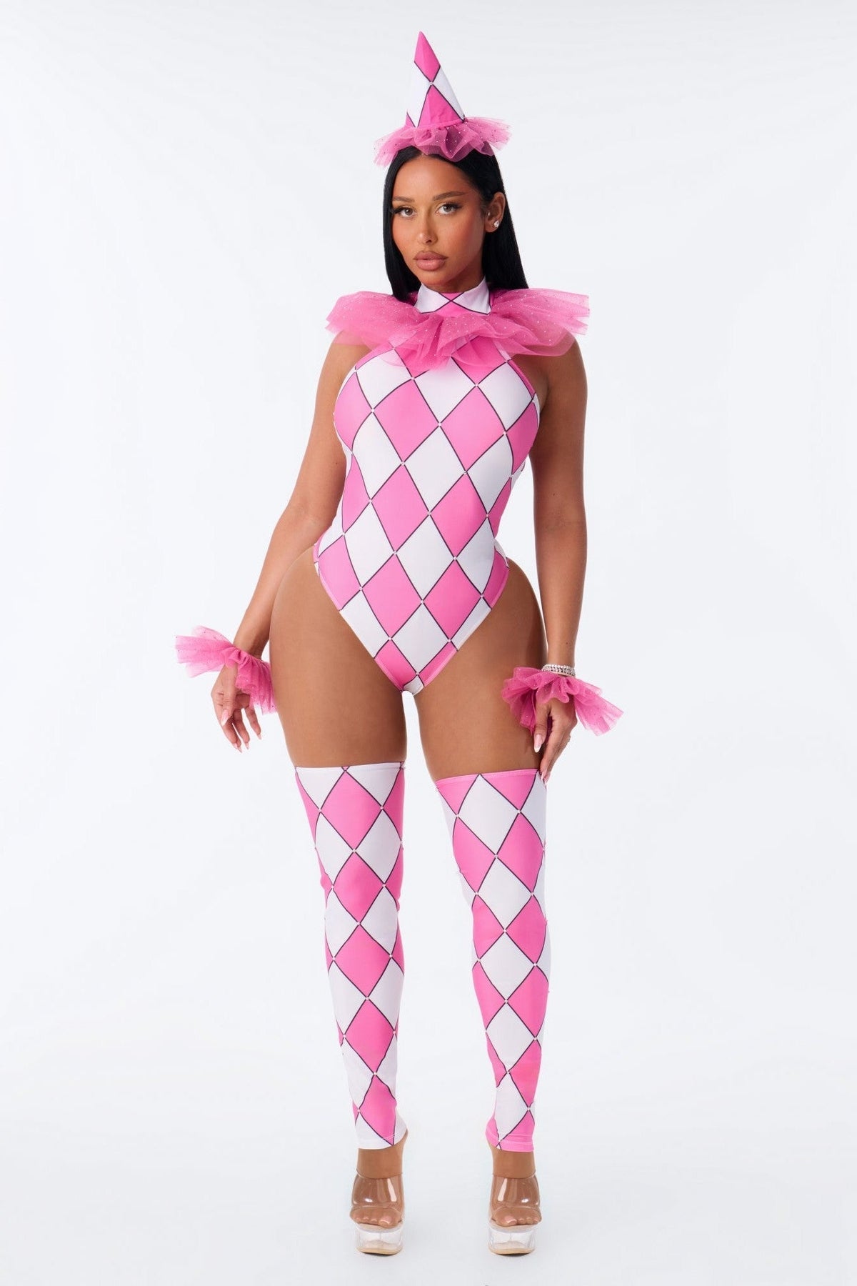 Four Piece Clown Costume Set with Bodysuit and Matching Accessories, Pink