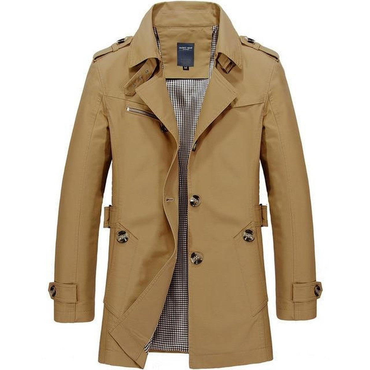 Mens Double Breasted Trench Coat with Adjustable Waist Belt and Lapel Collar