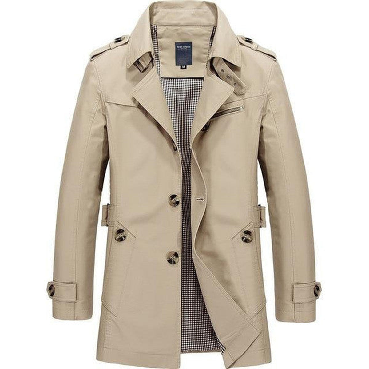 Mens Double Breasted Trench Coat with Adjustable Waist Belt and Lapel Collar