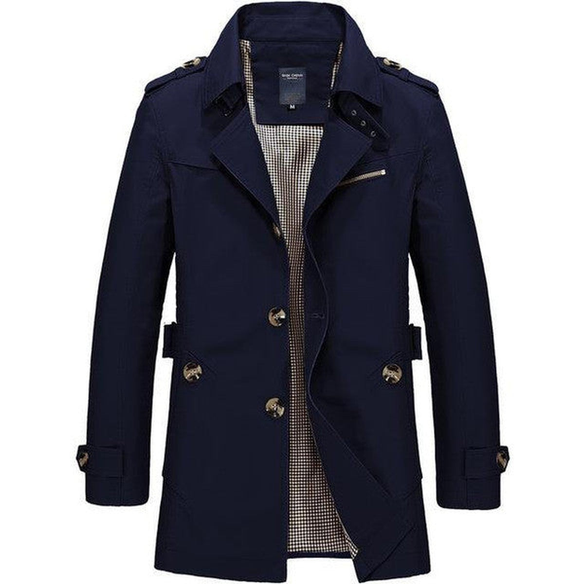 Mens Double Breasted Trench Coat with Adjustable Waist Belt and Lapel Collar