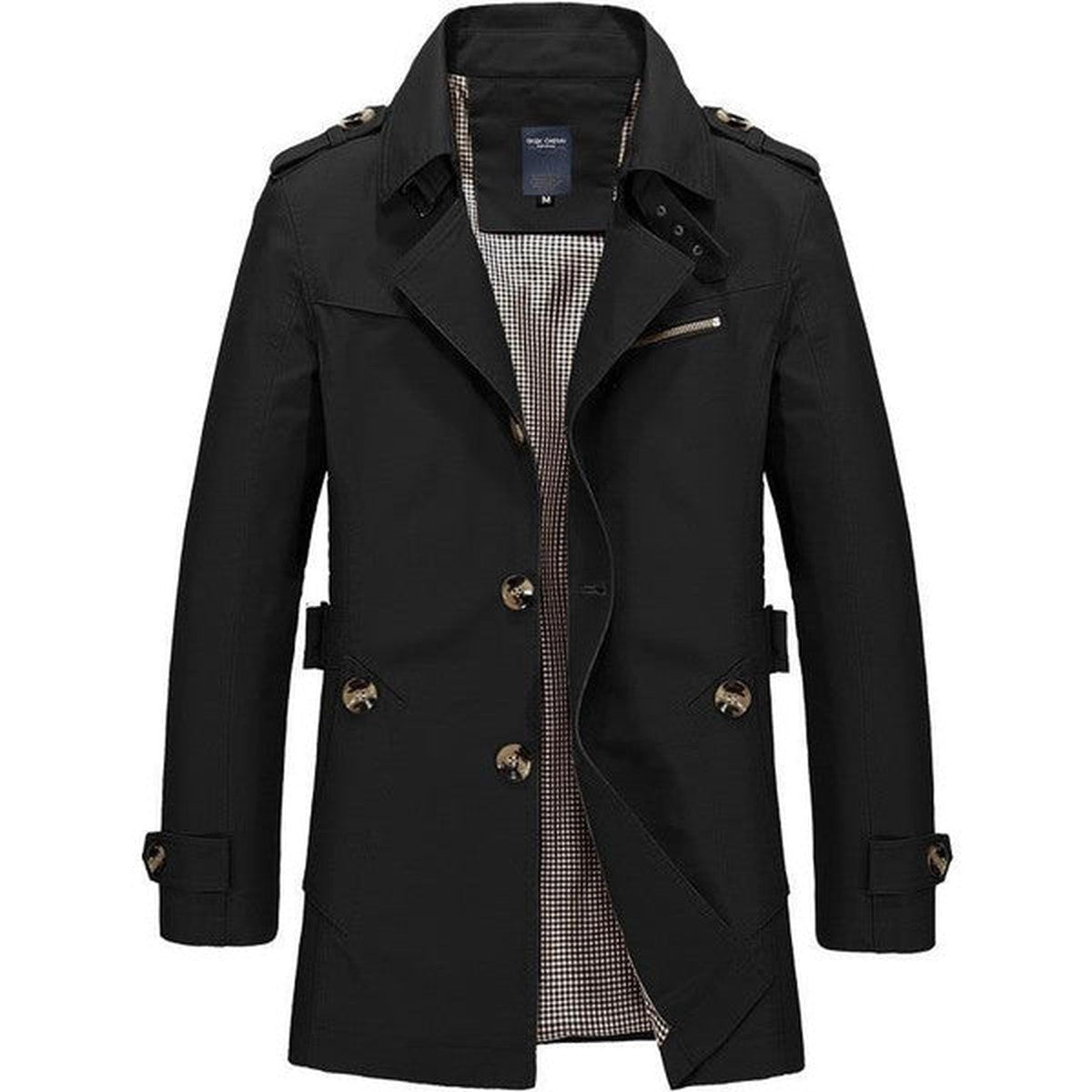 Mens Double Breasted Trench Coat with Adjustable Waist Belt and Lapel Collar