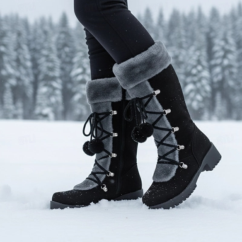 Mid Calf Winter Boots with Lace Up Design and Fur Trim Block Heel
