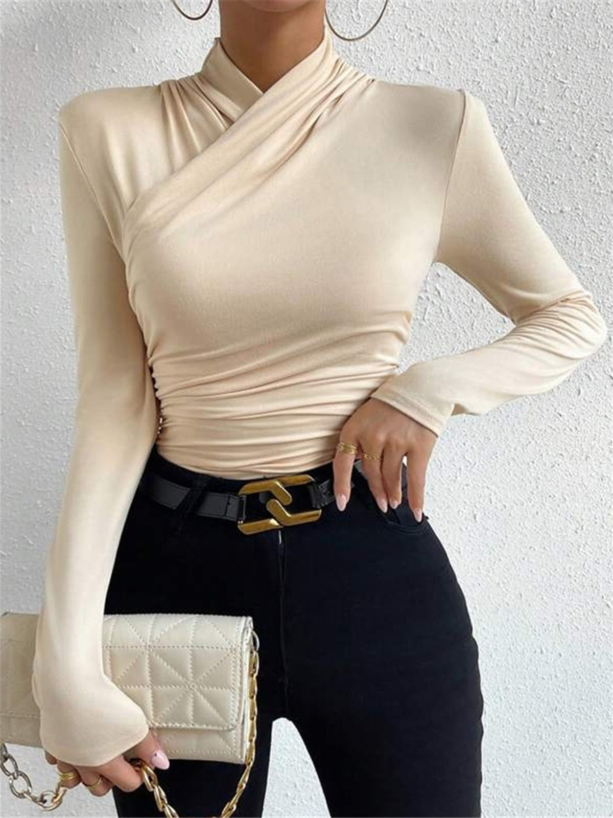 Long Sleeve Crossover Collar Jersey Top with Medium Stretch and Slim Fit