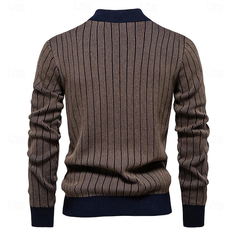 Ribbed Mock Neck Sweater with Tailored Fit and Vertical Knit Pattern