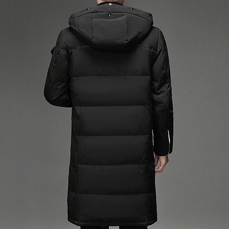 Padded Long Winter Coat with Adjustable Hood and Zip Pockets, Below Knee Length