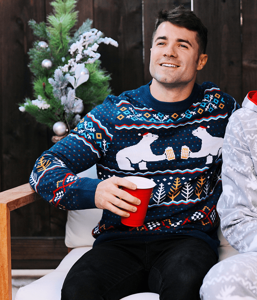 Men's Pullover Sweater with Polar Bear Party Scene and Fair Isle Knit Pattern