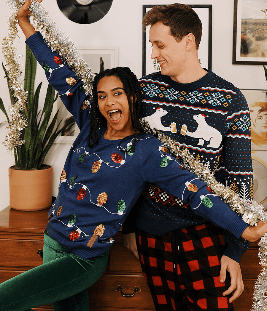 Men's Pullover Sweater with Polar Bear Party Scene and Fair Isle Knit Pattern