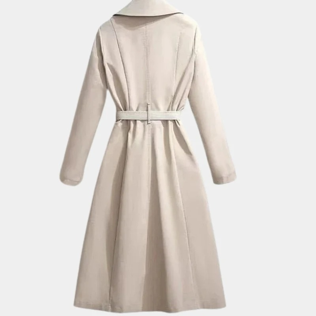 Womens Midi Trench Coat with Adjustable Belt and Layering Design