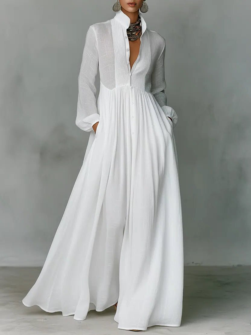 Button-Front Maxi Dress with Stand Collar and Relaxed Fit, Floor-Length