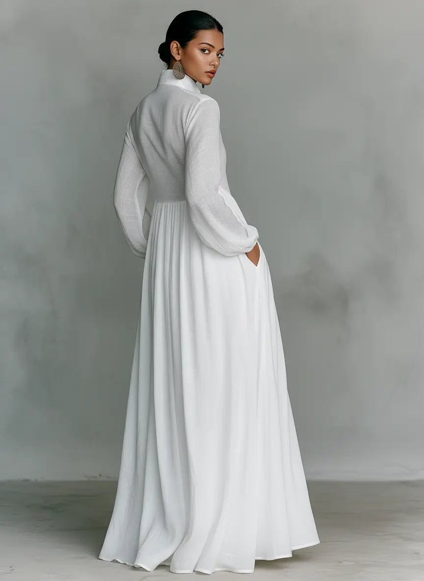 Button-Front Maxi Dress with Stand Collar and Relaxed Fit, Floor-Length