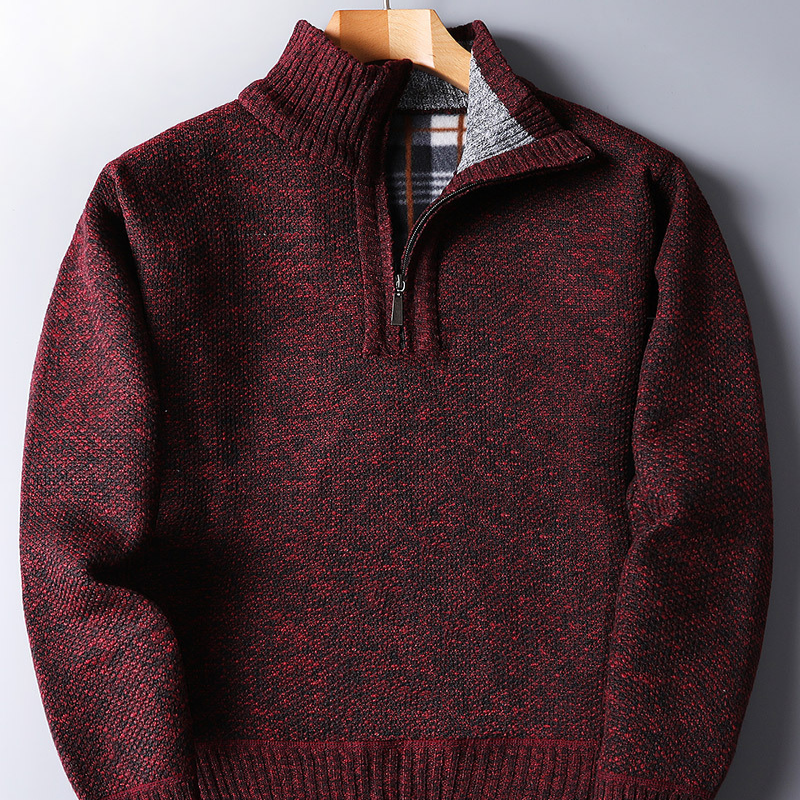Stylish men's ribbed quarter zip sweater in red. Ideal for casual, smart office, or winter layering.