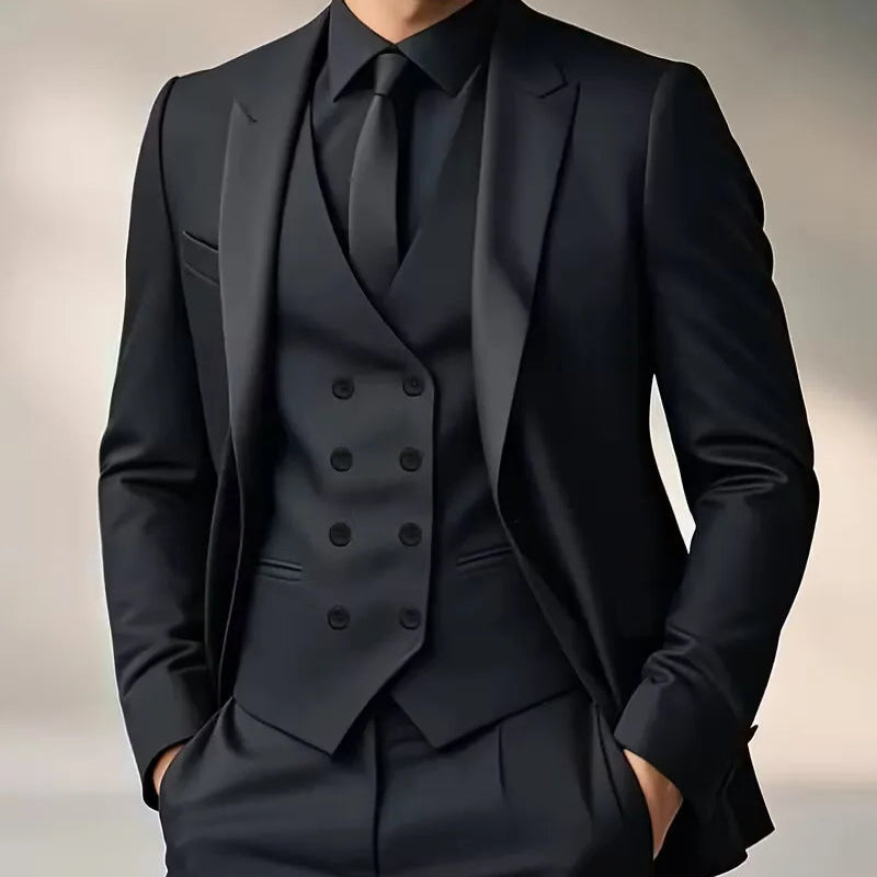 Men's slim fit double-breasted 3-piece suit with waistcoat. Perfect for formal wear & weddings.