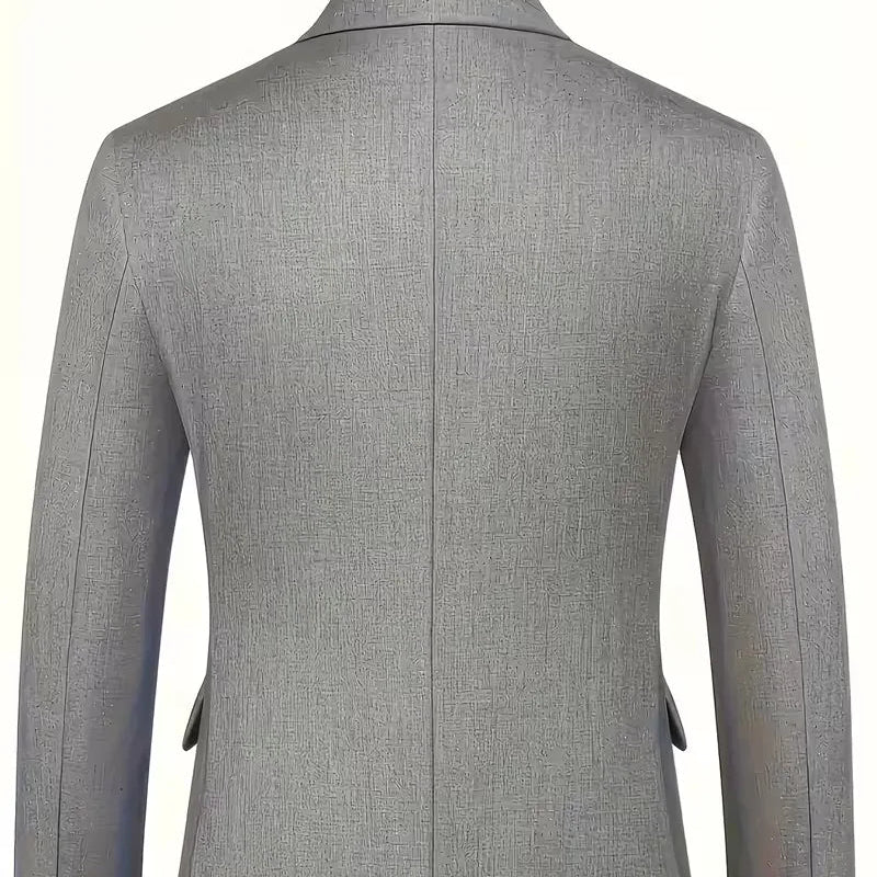 Professional men's attire: a slim fit double-breasted 3-piece suit with a complementary waistcoat.