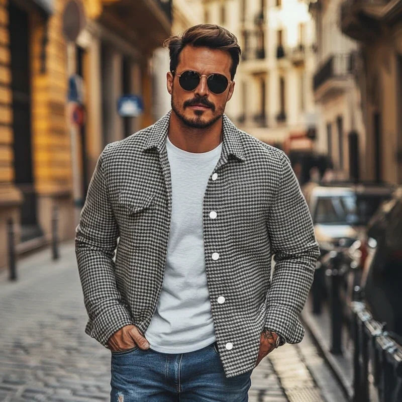 Men's stylish houndstooth shacket, a versatile button-down jacket perfect for casual layering.