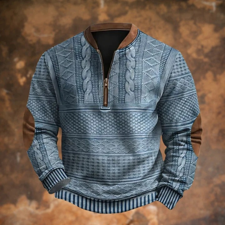Mens Quarter Zip Pullover Sweater with Cable Knit Pattern and Elbow Patches