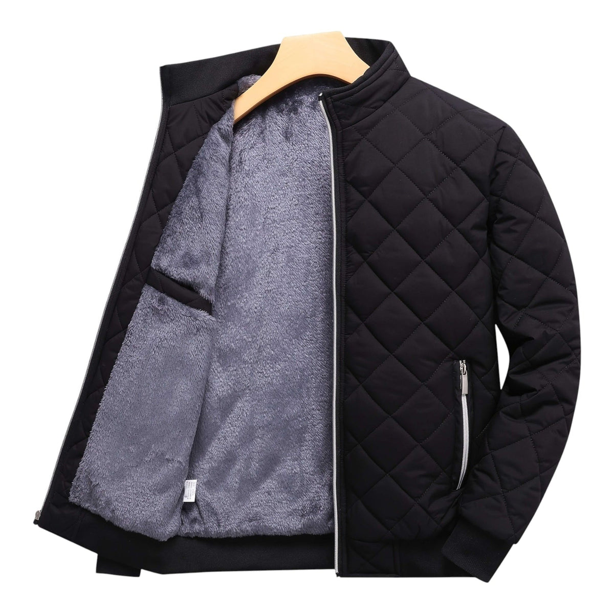 Quilted Bomber Jacket with Fleece Lining and Stand Collar, Ribbed Cuffs