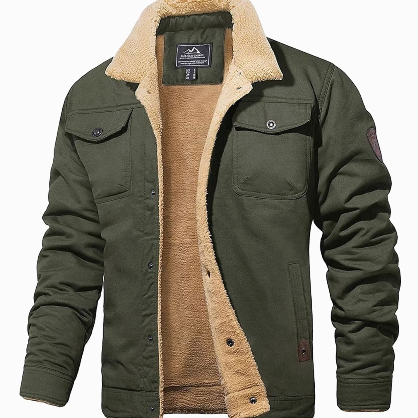 Men's Sherpa-Lined Fleece Winter Jacket Relaxed Fit - Army Green