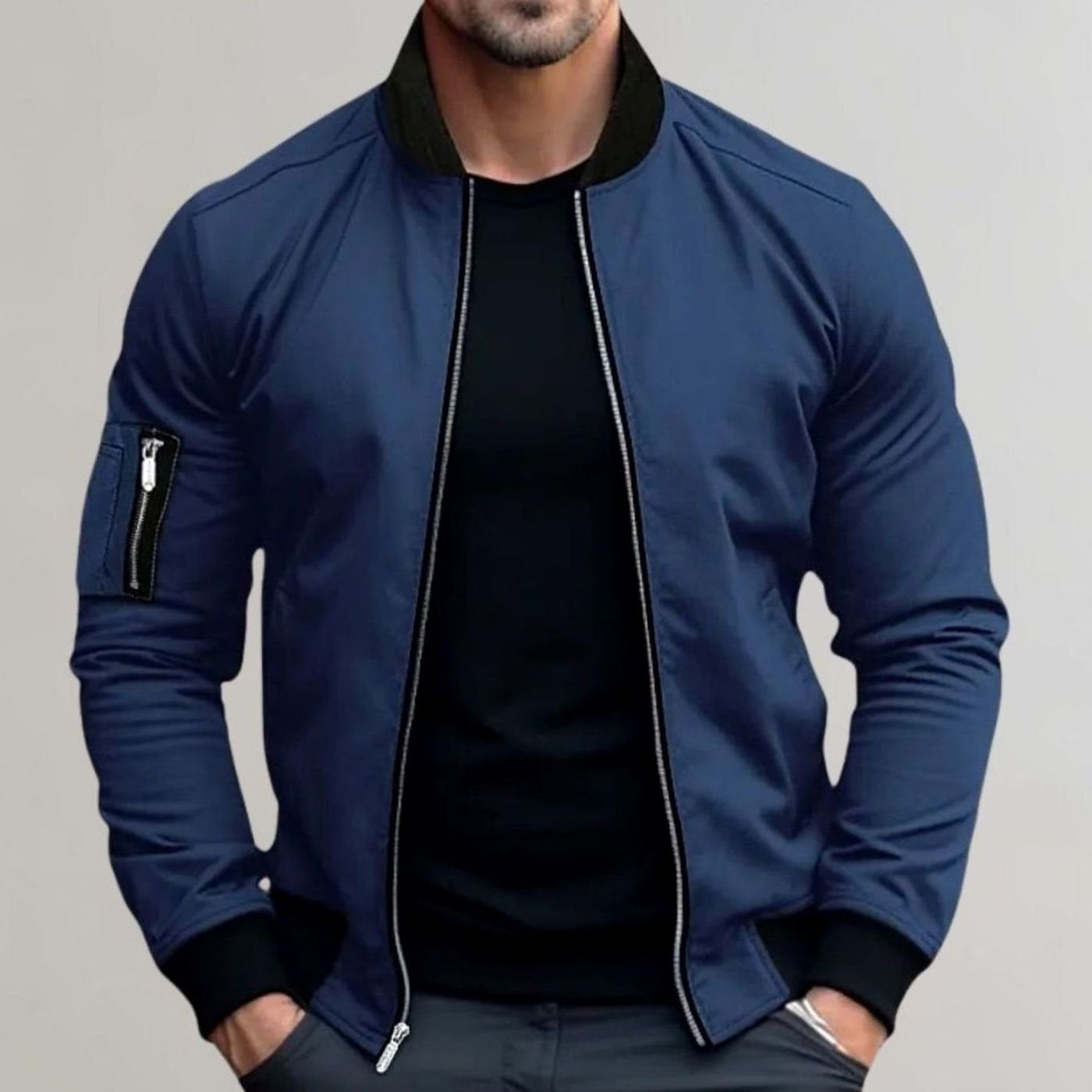 Men's Slim Fit Zip-Up Bomber Jacket Ribbed Collar Sleeve Pocket - Blue