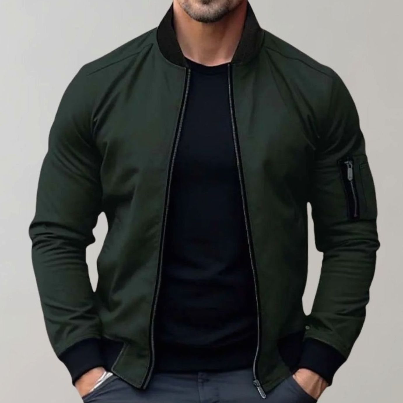 Men's Slim Fit Zip-Up Bomber Jacket Ribbed Collar Sleeve Pocket - Green