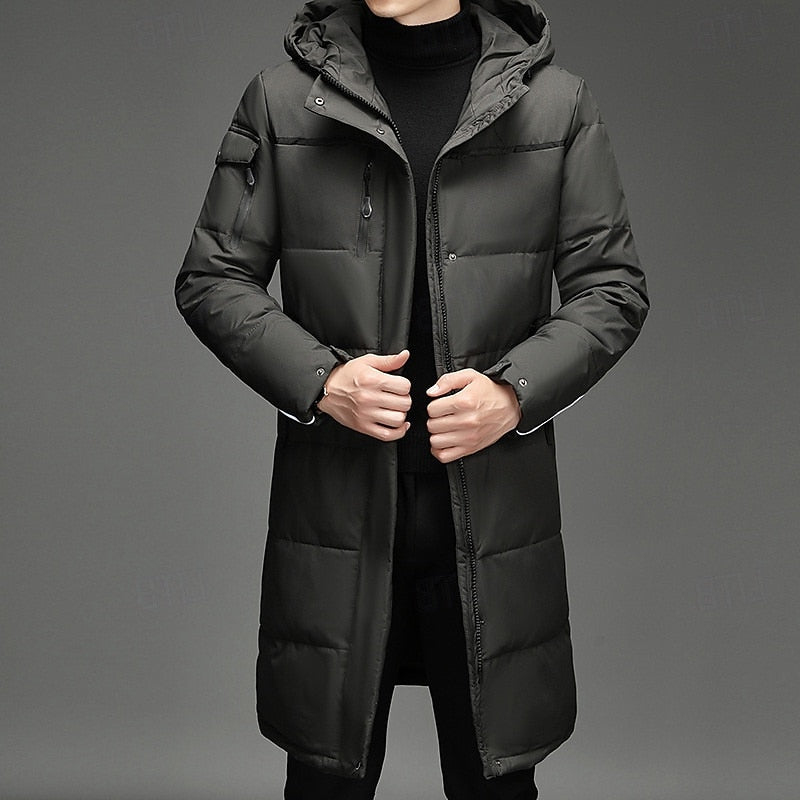 Padded Long Winter Coat with Adjustable Hood and Zip Pockets, Below Knee Length