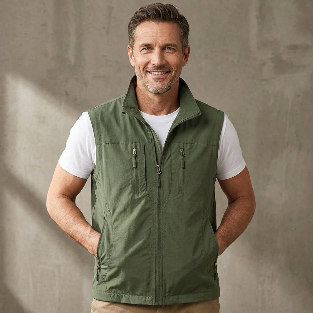 Mens Sleeveless Utility Vest with Multiple Zippered Pockets