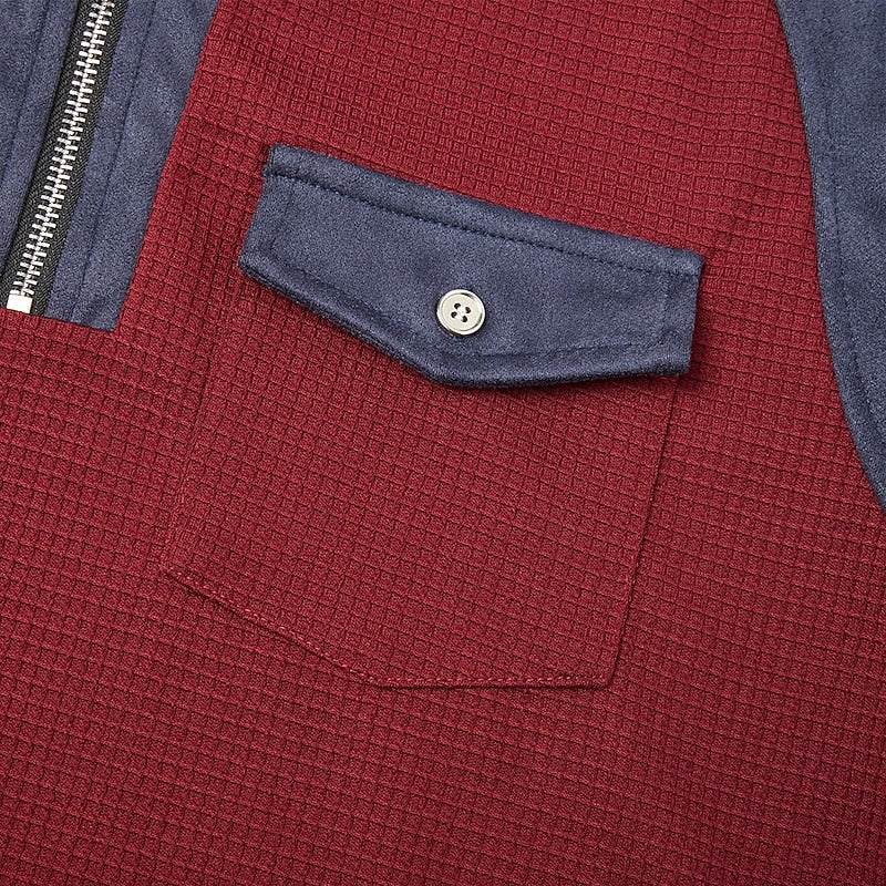 Quarter Zip Pullover with Textured Fabric and Elbow Patches, Chest Pocket