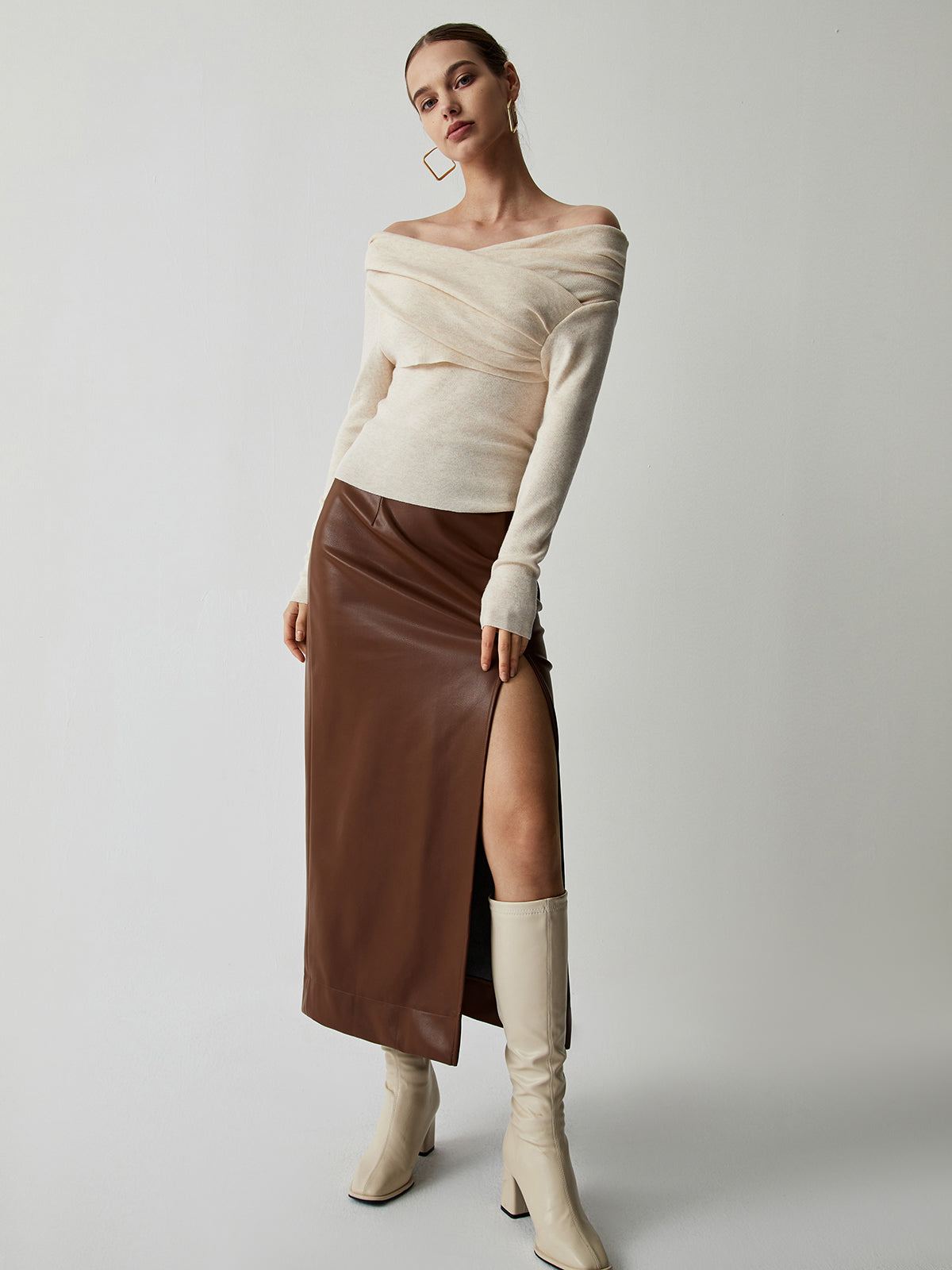 Off Shoulder Wrap Sweater and Slim Fit, Polyester Acrylic Blend
