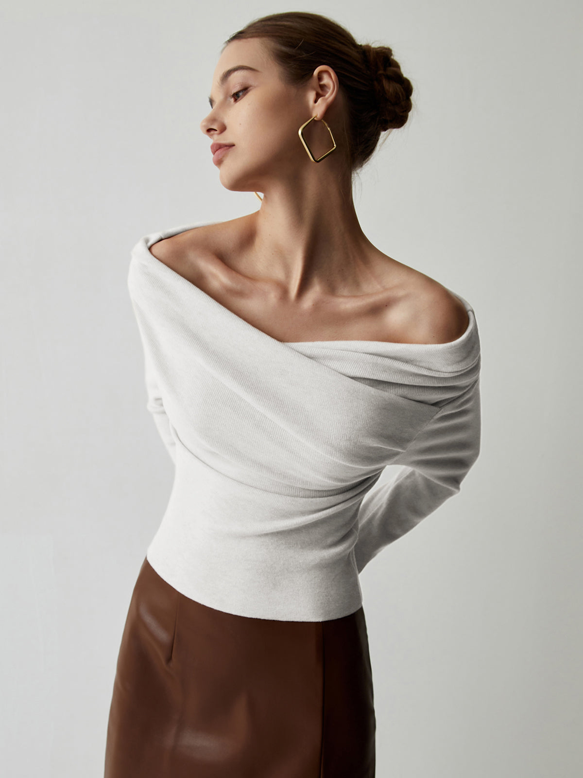 Off Shoulder Wrap Sweater and Slim Fit, Polyester Acrylic Blend