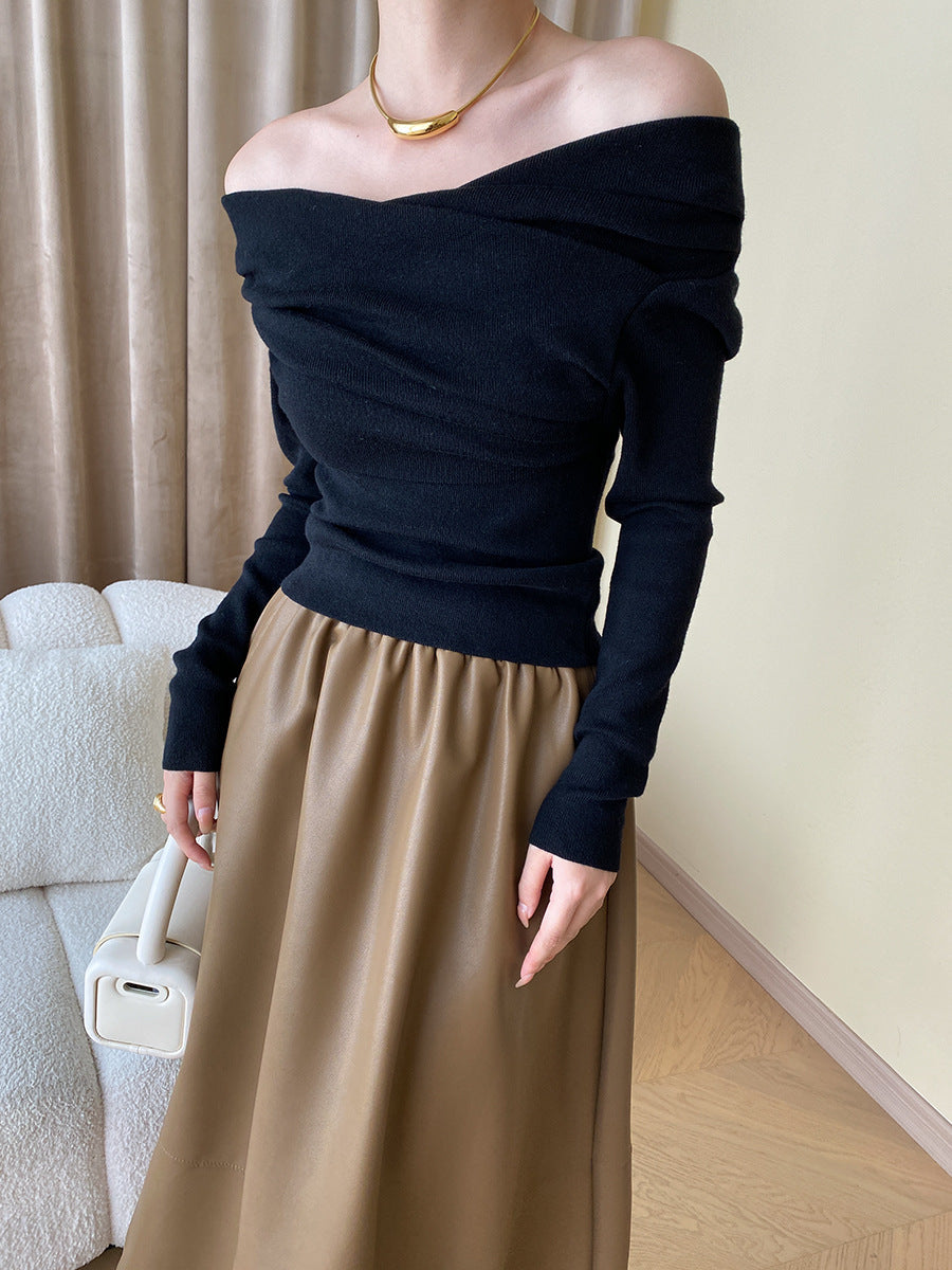 Off Shoulder Wrap Sweater and Slim Fit, Polyester Acrylic Blend