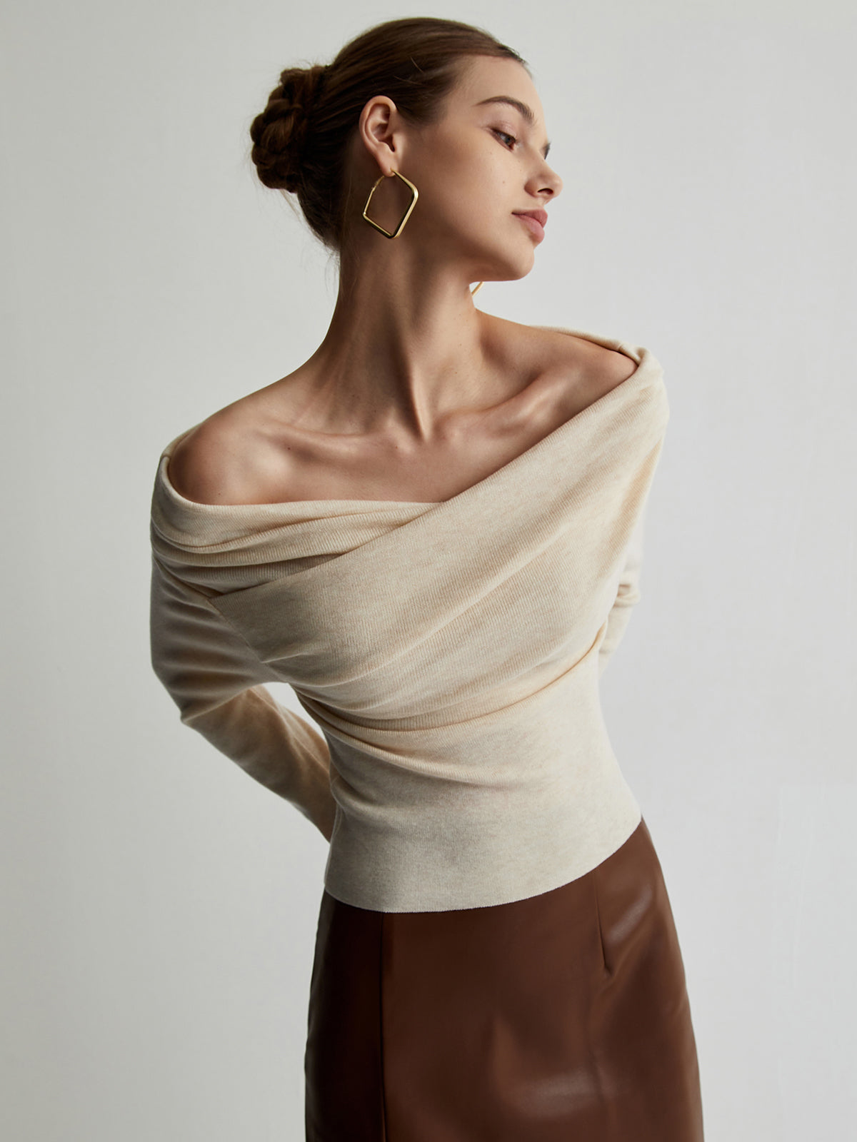 Off Shoulder Wrap Sweater and Slim Fit, Polyester Acrylic Blend