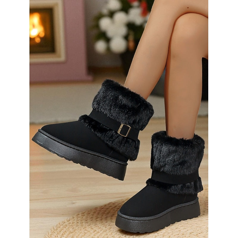 Womens Ankle Snow Boots with Fur Trim and Grip Sole With Plush Lined